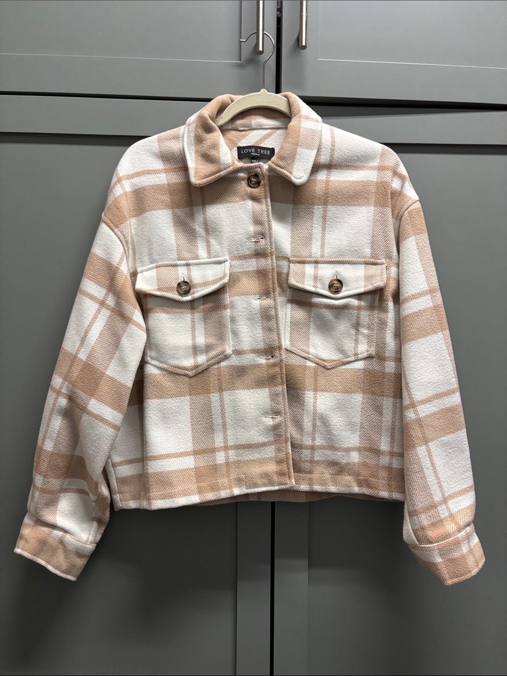 Love Tree Beige & White Plaid Cropped Shacket